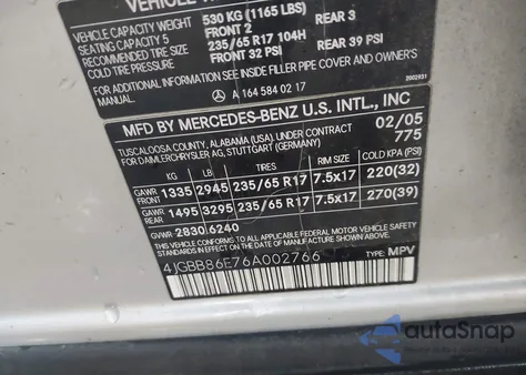 2006 Mercedes-Benz Ml 350 4Matic из США, поврежденный, VIN 4JGBB86E76A002766